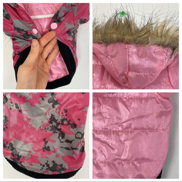 Dog Jacket REVERSIBLE Hooded Fauxfur Pink Camo Camouflage Puffy Puffer Coat New - Picture 2 of 8